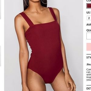 Boohoo Red Ribbed Square Neck Bodysuit